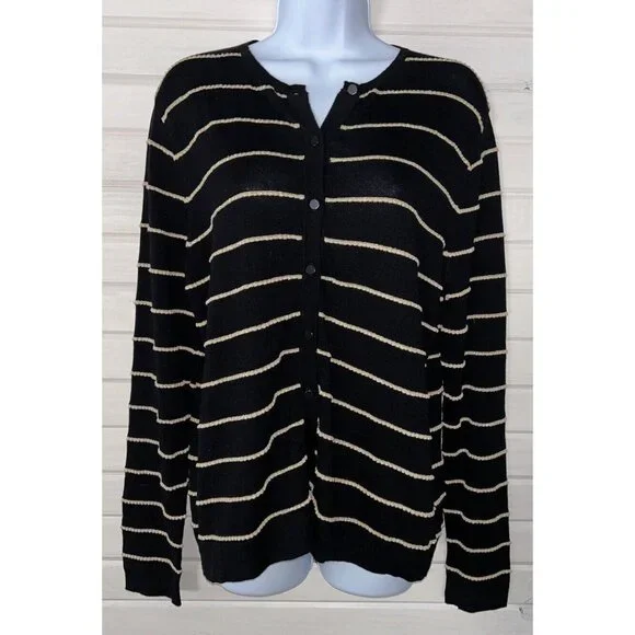 NWT August Silk Heritage Sz XL Black Gold Stripes Textured Button Up Cardigan - Picture 2 of 10